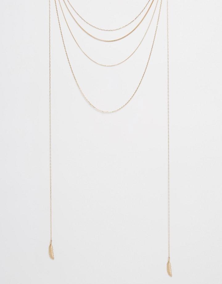 Orelia Layered Chain Feather Multi Row Necklace - Pale Gold