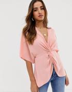 Asos Design Knot Front Top With Kimono Sleeve-pink