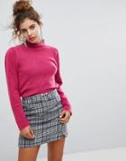 H! By Henry Holland High Neck Fluffy Knitted Sweater With Shoulder Details - Pink