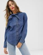 & Other Stories Denim Shirt With Pussy Bow In Blue