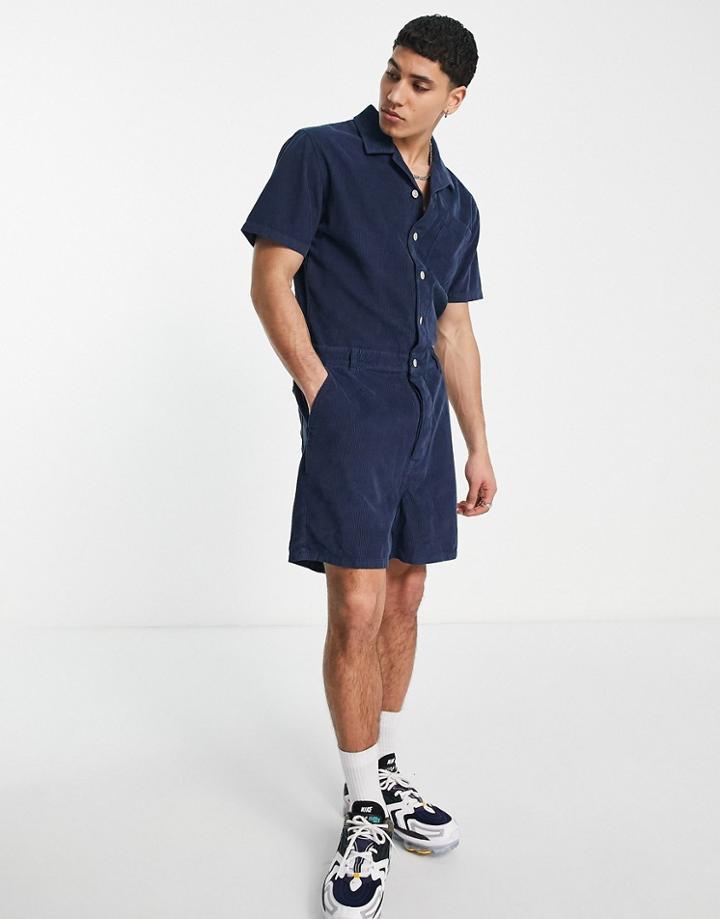 Asos Design Short Boilersuit In Navy Corduroy-blue