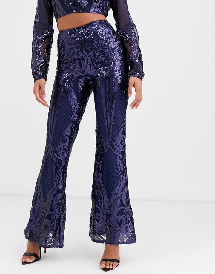 Club L London Sequin Baroque Wide Leg Pants In Navy