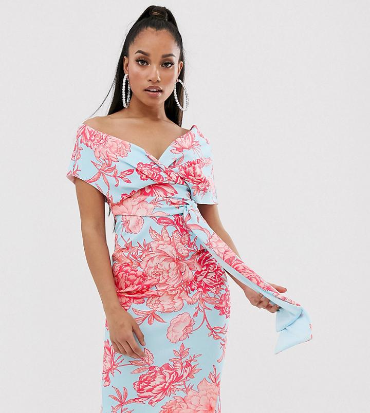 Asos Design Petite Fallen Shoulder Midi Pencil Dress With Tie Detail In Floral Print-multi
