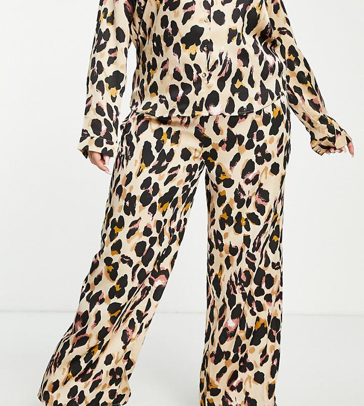 Urban Threads Plus Satin Leopard Print Wide Leg Pants - Part Of A Set-brown