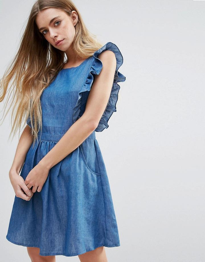 Rage Chambray Backless Dress With Frills - Blue