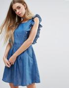 Rage Chambray Backless Dress With Frills - Blue