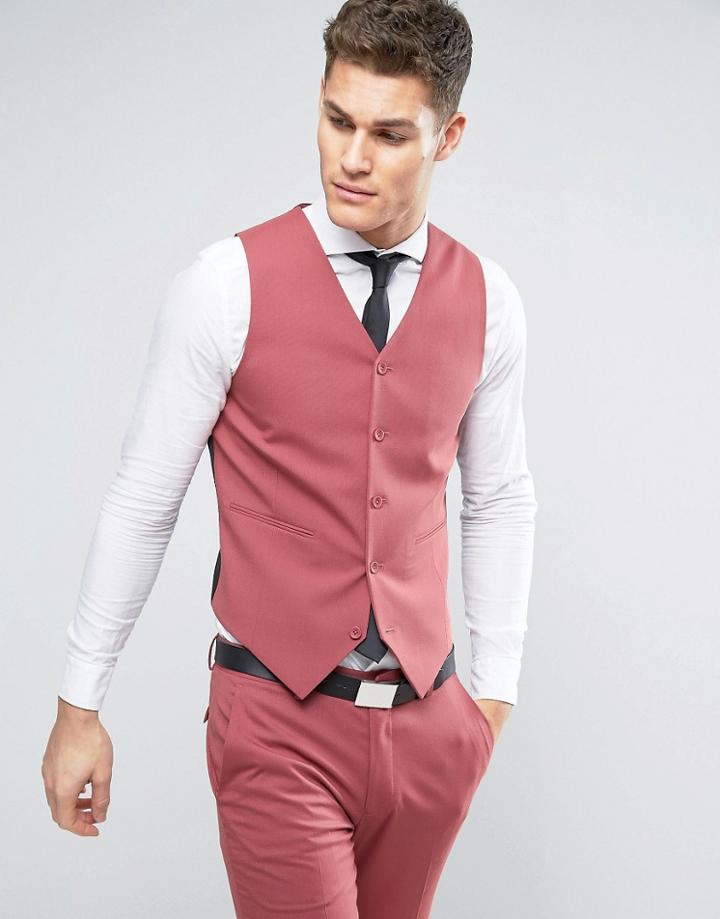 Asos Wedding Skinny Vest In Berry - Pink