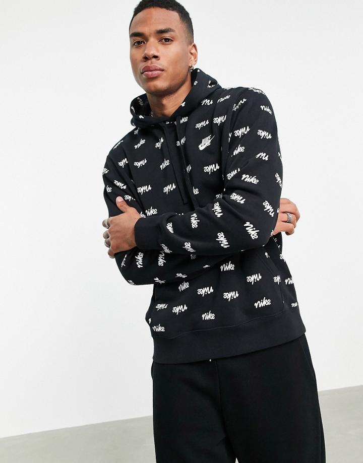 Nike Club All Over Logo Print Hoodie In Black