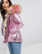 Prettylittlething Iridescent Faux Fur Hooded Parka - Pink
