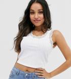 Asos Design Petite Cami Top In Rib With Lace Trim - White
