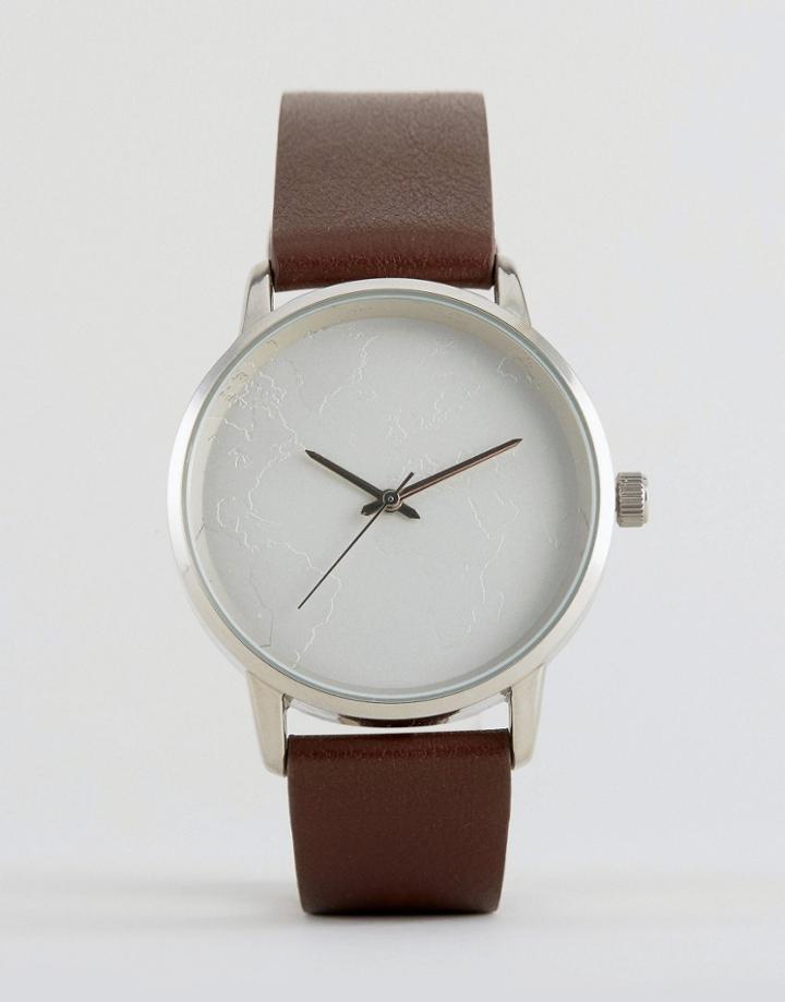 Asos Watch With Map Engraved Face - Brown
