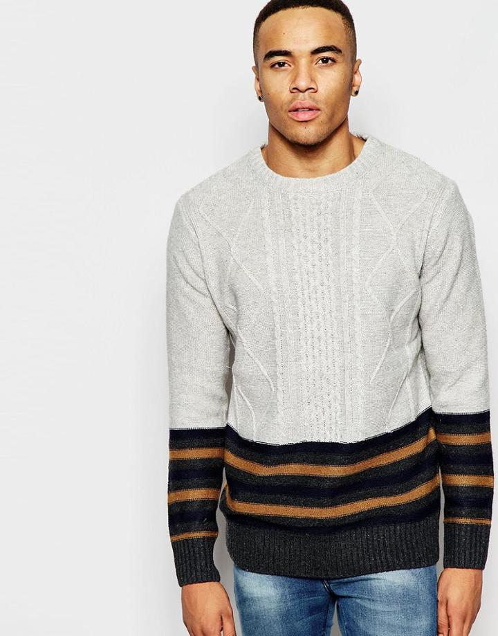 Brave Soul Block Cable Knit Sweater - Gray