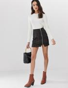 Asos Design Ponte Mini Skirt With Zip Front In Brown Check-multi