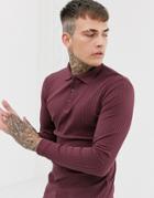 Asos Design Muscle Fit Long Sleeve Polo In Rib In Burgundy - Red