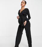 Missguided Maternity Ribbed Wrap Jumpsuit With Belt In Black