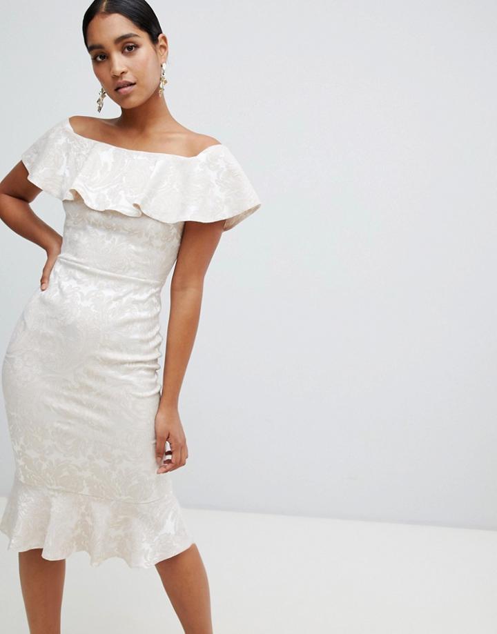 Vesper Paisley Frill Bardot And Hem Midi Dress - Cream