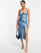 Parallel Lines Satin Cut Out Back Midi Dress In Teal-blues
