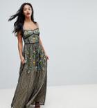 Frock And Frill Petite Premium Folk Embroidrerd Structured Strap Maxi Dress - Black