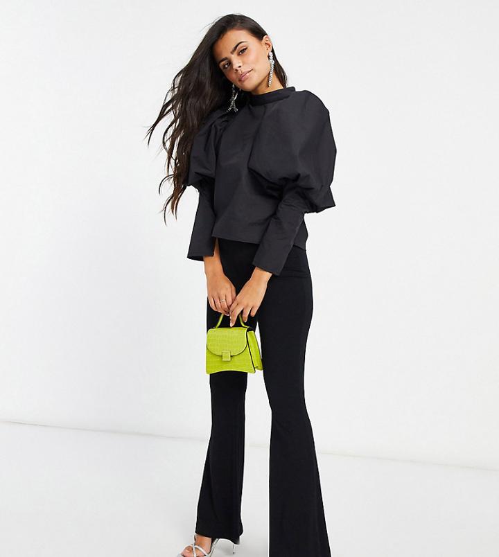Asos Design Petite Cotton High Neck Top With Volume Sleeves In Black
