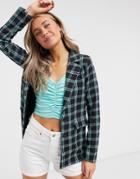 Heartbreak Slouchy Boyfriend Blazer In Black And Green Plaid-multi