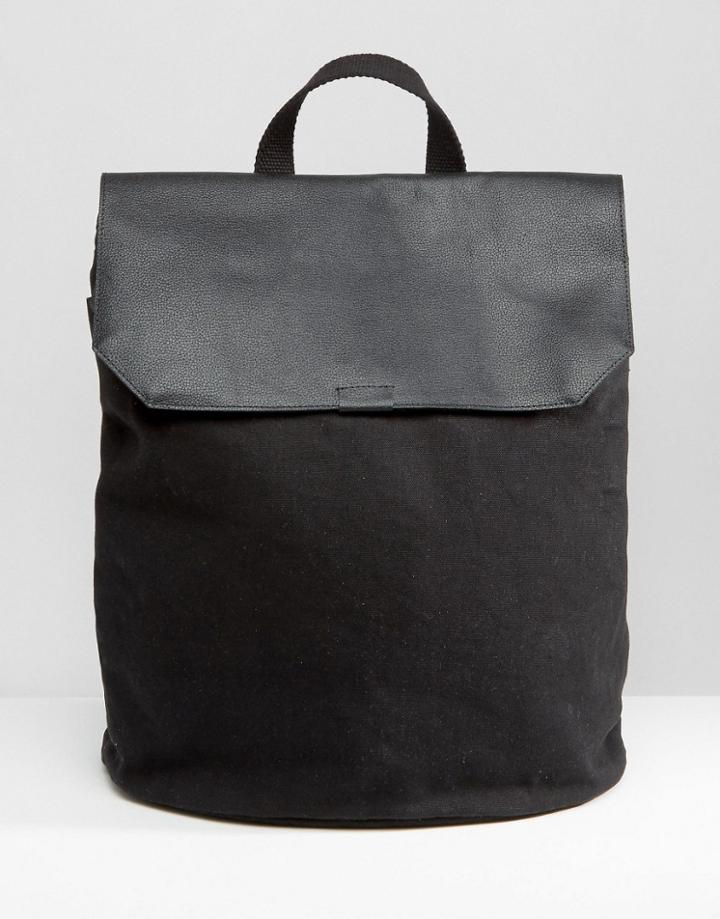 Asos Backpack In Canvas With Leather Top - Black