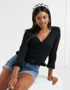 Pieces Top With Button Through Front And Ruffle Detail In Black