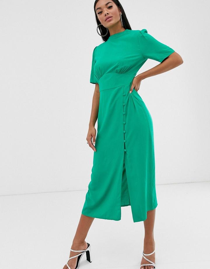 Asos Design Midi Tea Dress With Buttons - Green
