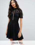 Asos Tall High Neck Skater Dress With Lace Panel - Black