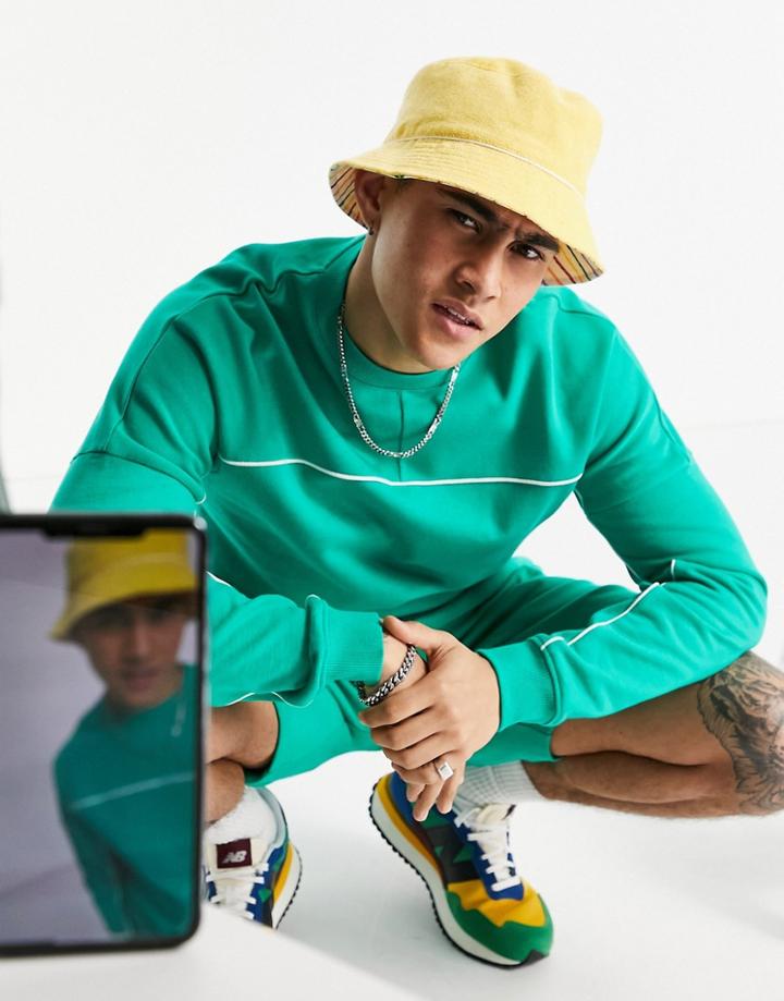 Asos Design Oversized Sweatshirt With Piping In Green - Part Of A Set