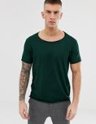 Asos Design Relaxed Raw Edge Scoop Neck T-shirt In Green - Green