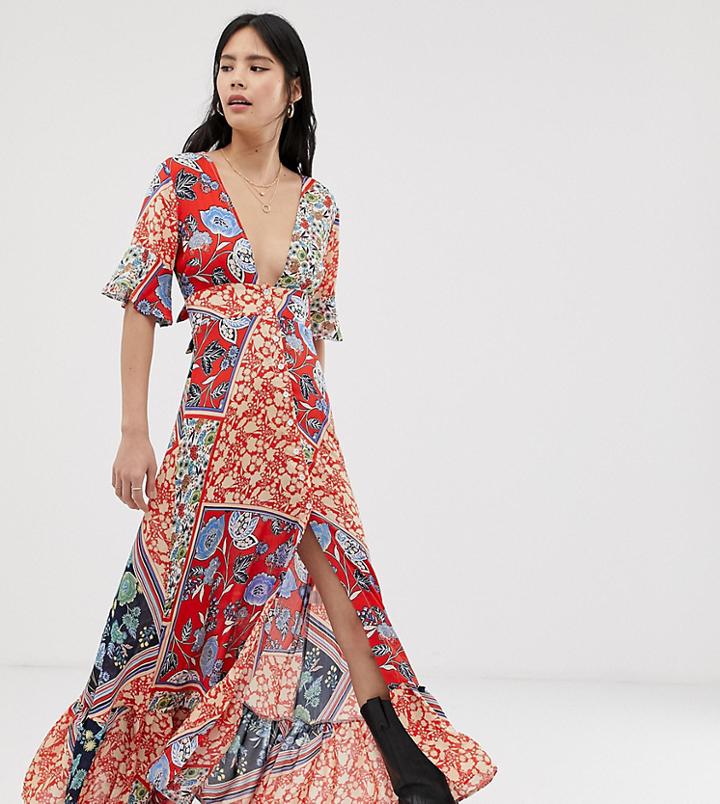 Kiss The Sky Maxi Dress With Thigh Splits In Mixed Print - Multi
