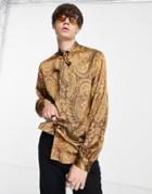 Asos Design Satin Shirt With Pussybow Tie Neck In Paisley Print-brown