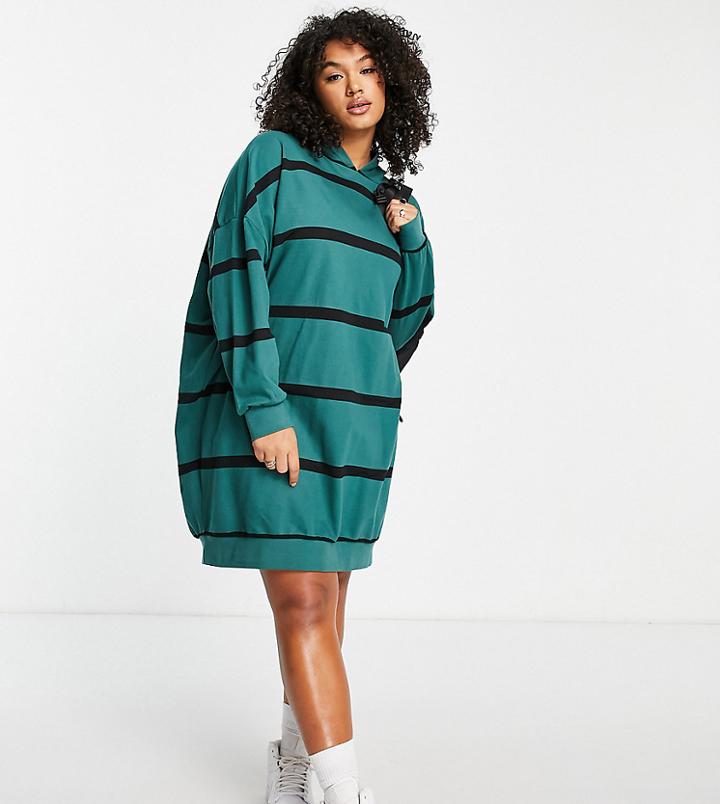 Asos Design Curve Mini Sweatshirt Hoodie Dress In Khaki And Black Stripe