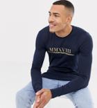 Asos Design Tall Muscle Long Sleeve T-shirt With Gold Roman Numerals Print - Navy
