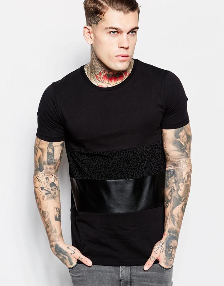 Asos T-shirt With Animal Printed Panels In Leather Look And Flock - Black