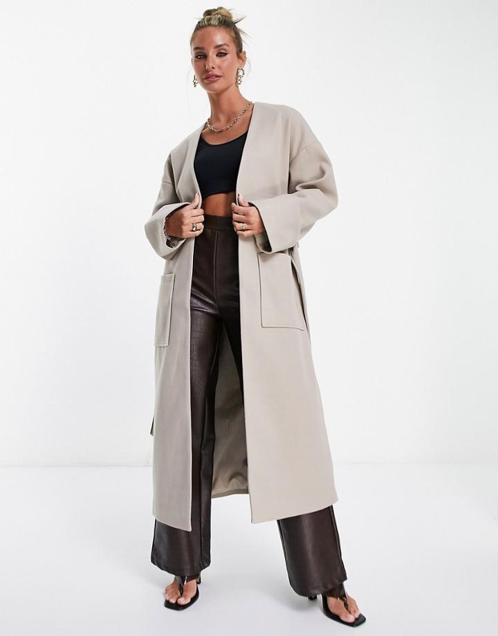 Pretty Lavish Oversized Minimal Relaxed Coat With Pockets In Taupe-neutral