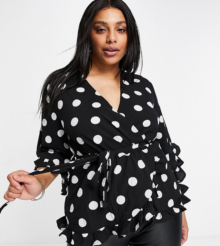 Ax Paris Plus Ruffle Sleeve Wrap Blouse In Polka Dot-multi