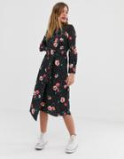 Influence Knot Front Asymmetric Wrap Dress In Floral And Polka Dot Print-black