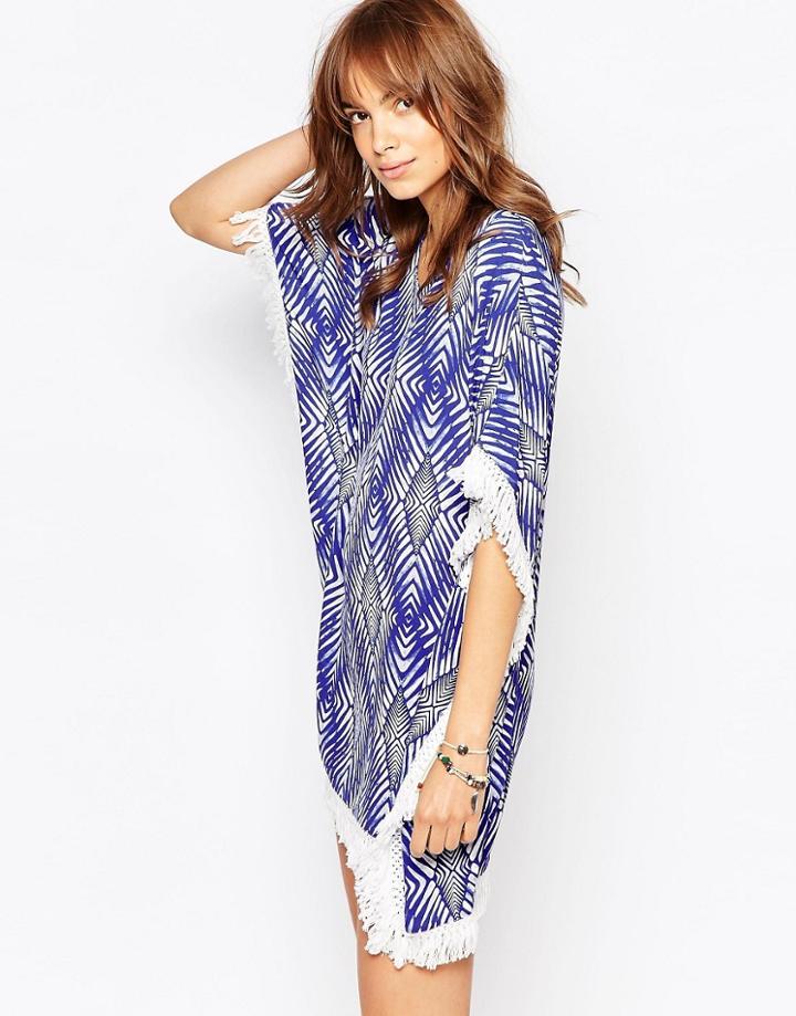Pepe Jeans Fringe Detail Caftan Dress With Print - Blue
