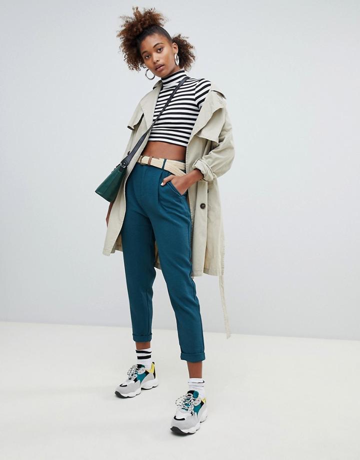 Pull & Bear Trouser With Turn Up Cuff In Green - Green