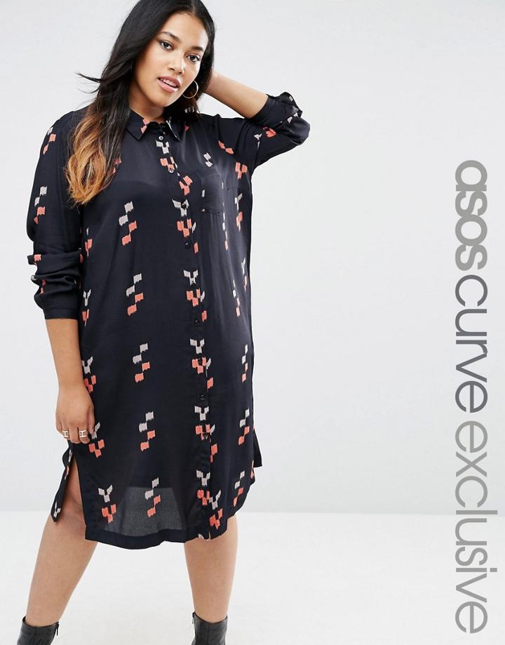 Asos Curve Shirt Dress In Block Print - Multi