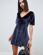 Asos Design Button Through Mini Velvet Tea Dress - Blue