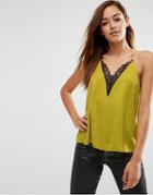 Asos Plunge Neck Lace Insert Satin Cami Top - Green