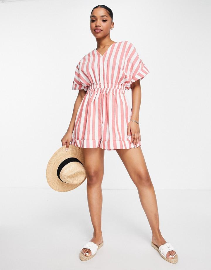 Urban Revivo Cinched Waist Romper In Red Stripe