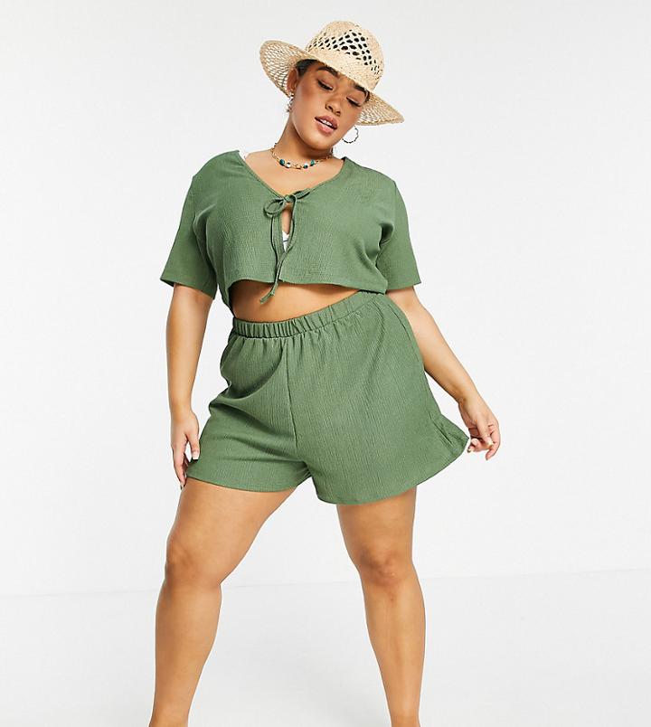 Asos Design Curve Jersey Textured Set Beach Short In Khaki-green