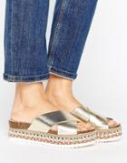 Carvela Kake Gold Leather Espadrille Flatform Slide Sandals - Gold