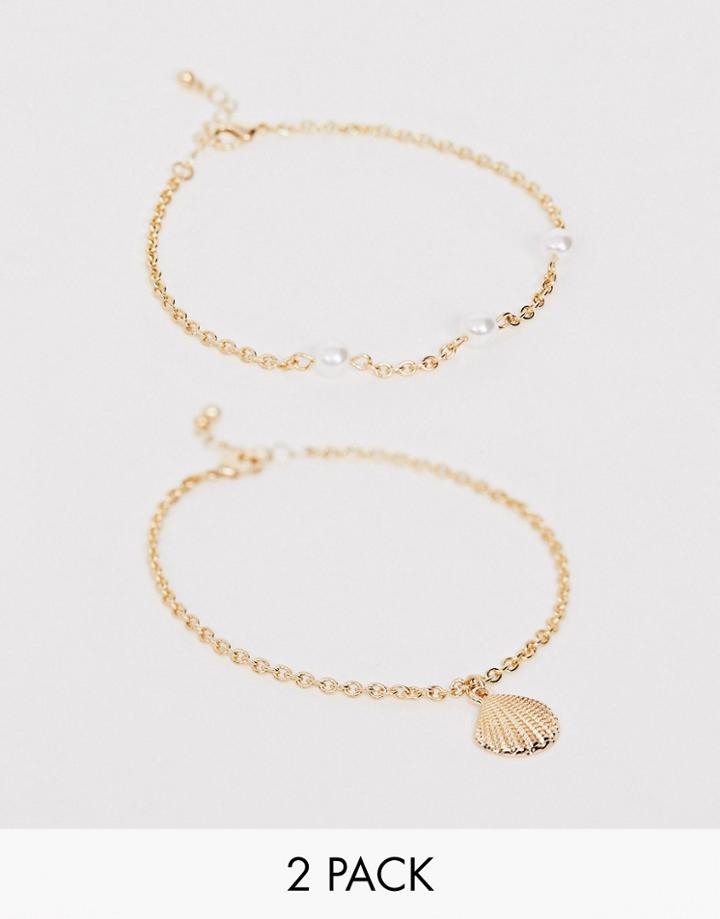 Asos Design Pack Of 2 Anklets With Metal Shell And Pearls In Gold Tone - Gold