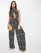 Asos Design Plisse Halter Cut Out Jumpsuit With Belt In Spot Print-multi