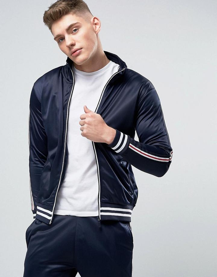 Brave Soul Vintage Zip Through Track Jacket - Navy