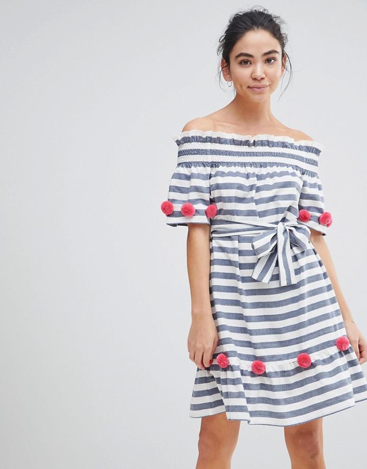 America & Beyond Off Shoulder Stripe Beach Dress With Red Pom Pom Detailing - Blue